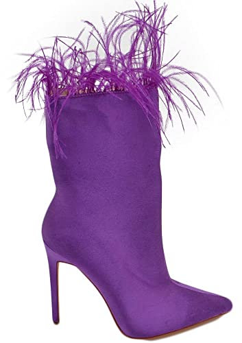 Malu Shoes TRONCHETTO DONNA A PUNTA IN RASO SEMILUCIDO VIOLA ALTO META' POLPACCIO LISCIO CON PIUME TACCO SOTTILE 12CM ADERENTE ZIP (38 EU)
