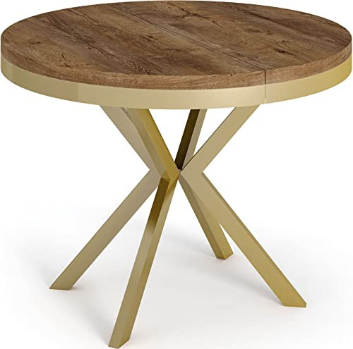 WFL GROUP Runder Ausziehbarer Esstisch - Loft Style Tisch mit Goldenen Metallbeinen - 90 bis 170 cm - Industrieller Tisch für Wohnzimmer - Kompakt - 90 cm - Lefkas Eiche