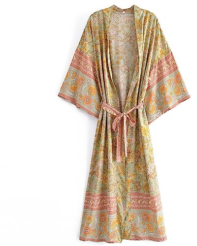 Youllyuu Boho Bademantel Strand Cover Ups Ethno Style Gürtel Lang Maxi Kimono Robe für Damen, 644, 42
