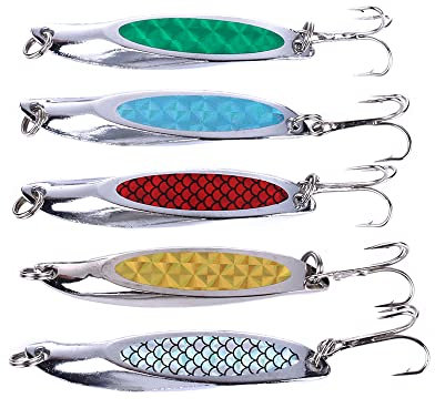 Lot de 5 leurres de pêche en mer, leurres de pêche en métal, leurres Dexter, leurres de pêche à paillettes pour pêche en mer, maquereau, truite, poisson bleu, pik, saumon