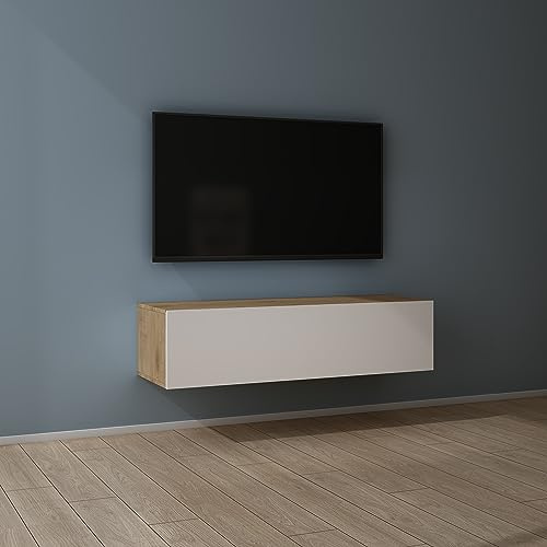Mai & Mai Fernsehschrank Hängend TV Lowboard hängend mit Gasdruckfedern | TV Schrank mit Klappen, viel Stauraum, Wandmontage in Kerneiche + Matt Weiß, Breite: 120 cm, Fernsehschrank02