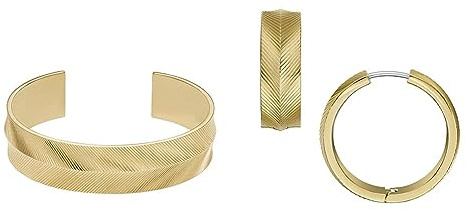 Fossil Damen Manschettenarmband und Ohrringe Harlow Linear Texture, goldfarbener Edelstahl