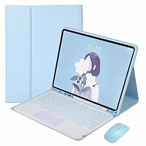 CLALOC Funda con Teclado para Samsung Galaxy Tab S9FE/S9/S8/S7/A7/A8/A9 con Soporte para S Pen, Teclado Inalámbrico Desmontable con 7 Colores De Retroiluminación,Azul,S7 11