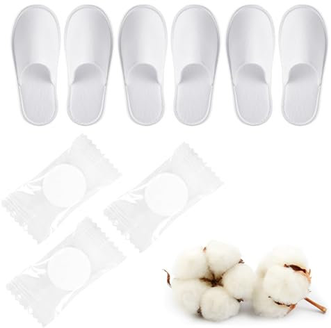 KARELLS Chaussons Jetables,Pantoufles Jetables,Chaussons de Haute Qualité,Serviettes Compressées,Taille Universelle Adultes Conviennent pour Hôtels,Spas,Voyages en Avion Homme et Femme(3 Paires+3pcs)