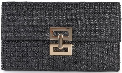 Sac à main en paille pour femme - Sac à main bohème tissé - Enveloppe pliable - Sac à bandoulière - Sac de soirée, noir, Sacs à main