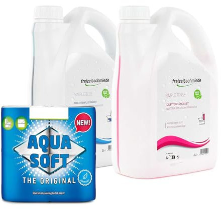 Freizeitschmiede Set Toiletten Zusatz Simple Blue + Rinse je 2L Sanitärflüssigkeit für Campingtoilette inkl. Aqua Soft Toilettenpapier