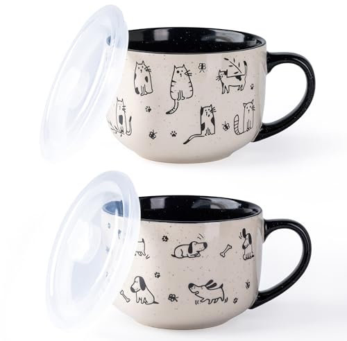AmorArc 24 Ounces Ceramic Soup Mugs with Lids and Handle, Stoneware Bowls Cup Set of 2 for Soup, Stew, Noodle, Beautiful Mug Bowls With Lovely Dog,Cat Patterns, Microwave&Dishwasher Safe, Black