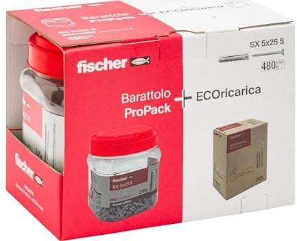 Fischer 480x Tasselli SX 5x25 con Vite, Pack con Barattolo + ECOricarica