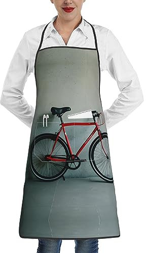 KWQDOZF Küchenschürzen mit Retro-Fahrradmuster, rotem Rosendruck, Unisex-Latzschürzen, Kochschürze aus Polyester, Kochschürze für Männer und Frauen