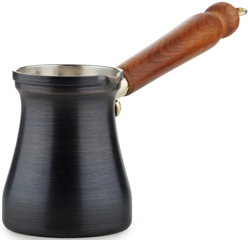 DEMMEX - Solid Brushed Copper Turkish Coffee Pot Cezve Ibrik Briki, Stovetop Greek Arabic Coffee Maker, Wooden Handle & Tin Lining, 100% Handcrafted (Patina Copper, 240ml/2-3ppl)