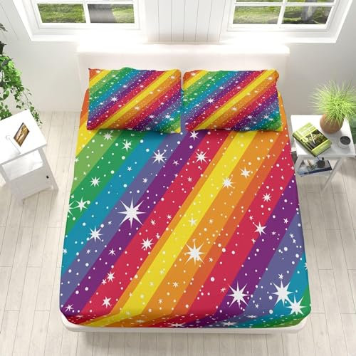 TACOKI 3D Regenbogen Spannbettlaken 70x140cm, Regenbogen Weiches Mikrofaser Bettlaken für Kinder, Bettlaken Spannbetttuch 70x140 bis 30 cm Matratzenhöhe mit 2 kissenbezüge a6427