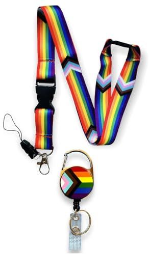 Rainbow LGBTQ Progress Pride Flaggen-Schlüsselband mit abnehmbarem Schnallenclip und passender einziehbarer Ausweisrolle mit Gürtelclip