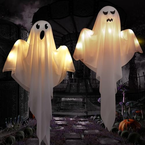 Bseical Halloween Deko Geist Mit LED Lichtern - 2 Stück 60 cm Gruselige Windsack, Hängende Dekorationen für Vorgarten, Terrasse, Rasen, Garten, Partydekor
