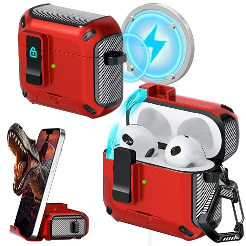 RFUNGUANGO Custodia compatibile con AirPods 3, compatibile con ricarica MagSafe, pop-up automatico con clip di blocco di sicurezza,Custodia rossa con interruttore nero