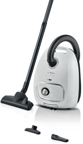 Bosch Serie 4 BGB41WH1 Aspirapolvere a Traino con Sacco, Raggio d'azione 11 m, Sacchetto Polvere XL, Bocchetta per Tessuti, Bocchetta per Fessure, Porta Accessori Integrato, Bianco