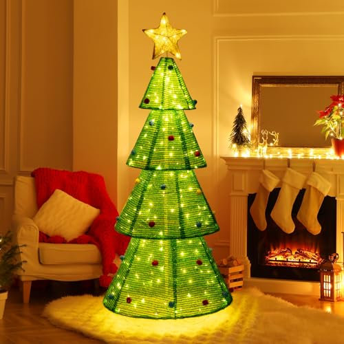 GOPLUS 190 CM Arbre Noël Lumineux Pop-up avec 200 Lumières LED, Sapin Noël Lumineux avec Décorations, Decoration Noel Exterieur Lumineuse pour Jardin, Pelouse, Magasin