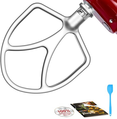 Premium Polished Stainless Steel 6qt Smooth Flat Beater Perfectly Fits KitchenAid 5-6qt Bowl-Lift Mixers, Uncoated Paddle Attachments Anti-Oxidation, Dishwasher Safe,Mixing Paddle, Spatula&Recipes