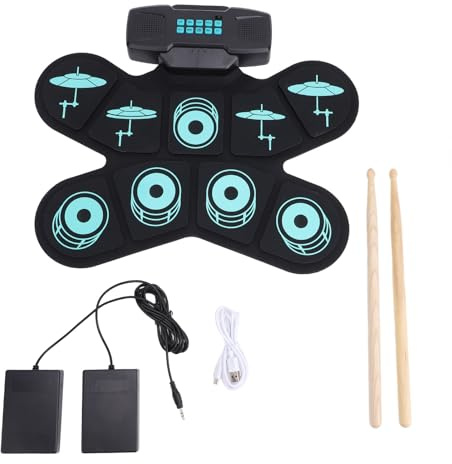 E Drum Pad Set, 9 Pads, Aufrollbares E Drum Set, Aufrollbares Drum-Übungspad mit Drum Pedalen und Drum Sticks, Übungs Drum Pad, Midi Drum Kit mit Kopfhöreranschluss und