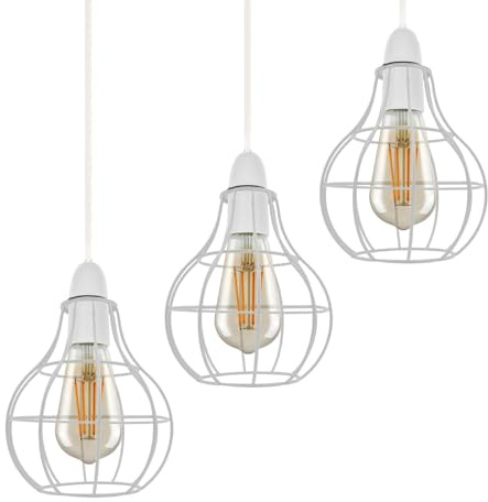 3 Pcs White Easy fit Geometric Rounded Metal Wire Cage Pendant Light Shade | Indoor Pendant Light Shade lamp Shade for Kitchen, Bedroom (White 3 Pack)