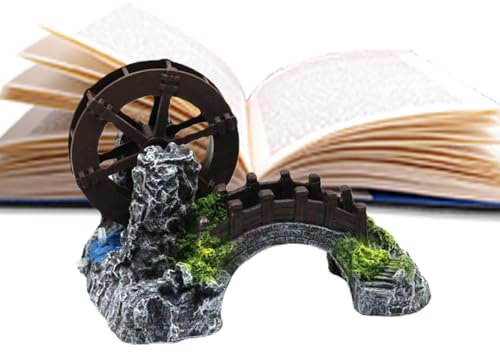 Duroecsain Ornements d'aquarium en résine, Ornements de résine pour Aquarium - Water Wheel Bridge Statue Resin Aquarium Decor,Décoration végétale en Pot, Accessoires Chinois réalistes de pêche pour