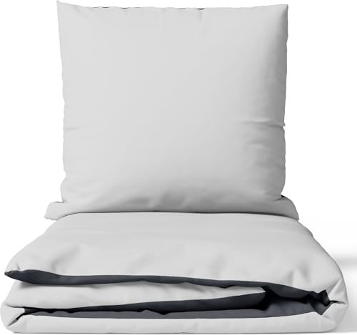 Leonado Vicenti Bettwäsche 200x200 3teilig Bettbezug - Bettwäsche-Sets mit 2 Kissenbezügen 80x80 cm, ÖKO-TEX Baumwoll-Satin Grau für Doppelbett mit Reißverschluss