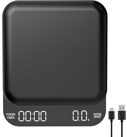 OBEST Mini Kaffeewaage mit Timer, Wiederaufladbare Espressowaage 3kg/0,1g | Hochpräzise Digitale Elektronische Waage mit LED-Bildschirm, Wasserdichte Kleine Küchenwaage, Typ-C-Datenkabel, Schwarz