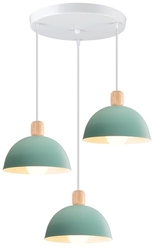 iDEGU Hängeleuchte, 3 Stück, modern, 20 cm, Kronleuchter, Retro, skandinavischer Stil, Deckenleuchte, Lampenschirm aus Holz, Metall, E27, Deckenleuchte, für Schlafzimmer, Esszimmer, Küche (rund, grün)