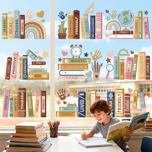 wondever Window Clings Decals Boho Books Back to School Glass Sticker | Vinyl Static Cling, Anti Collision, Double-Sided, Reusable Removable, Easy to Apply, Decorative, for Window Glass Door Home