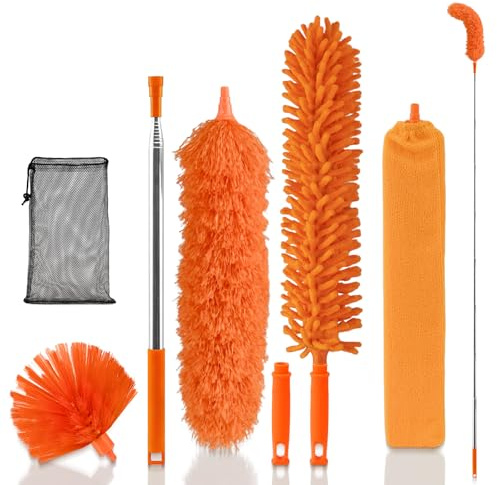 TAIANJI Feather Duster Kit, 7 Pcs Microfiber Dusters for Cleaning with Telescoping Extension Pole 110 Inch, Handled Dusting Brush for Cleaning Ceilings, Ceilings Fans, Cobwebs