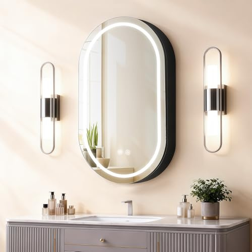 Janboe Capsule Shape Mirror Cabinet with Light,LED Mirror Cabinet,USB Shaver Socket,Internal Light,Steel with Powder Coating,Soft Closing Hinge,51cm×81cm