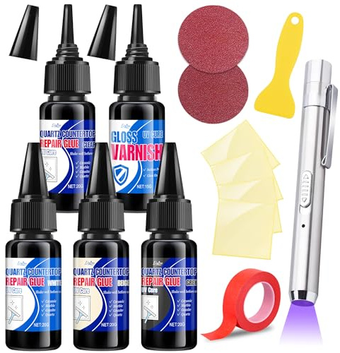 Quartz Countertop Repair Kit - 4 in 1(Clear, White, Gray, Beige) - UV Fast Curing Repair for Marble, Granite, Acrylic, Fiberglass, Porcelain, Suitable for Fixing Chips Holes Dents Scratches Cracks