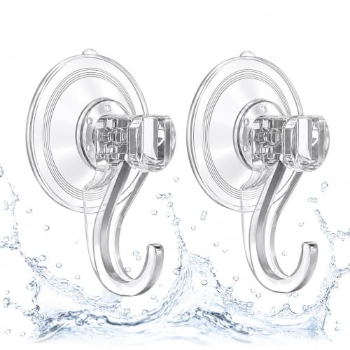 2 Pack Suction Hooks, 4.5kg (10lb) Heavy Duty Vacuum Push & Lock Suction Cup Shower Hooks for Bathroom Kitchen Window Glass Door Wreath Hanger, Waterproof No Drill No Marks for Smooth Surfaces Only