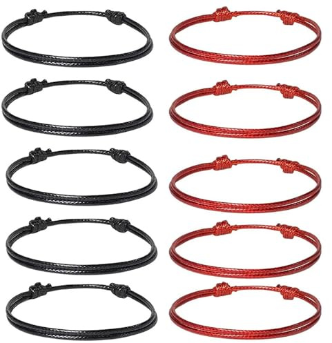 YUBBYSTU 10 braccialetti in cotone cerato per uomo e donna, regolabili, realizzati a mano, 5 rossi e 5 neri, unisex per tutti i giorni e le feste
