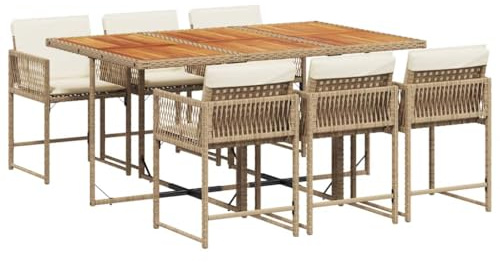 Hommdiy Garten Essgruppe,Gartenmöbel Set,Gartentisch mit 6 Stühlen Set,Essgruppe mit 6 Stühlen,Garten Sitzgruppe,Gartengarnitur Set Beige und Creme Holz 7-TLG.