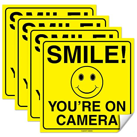 (Set of 4) Smile You're On Camera Sign - 6 x 6 - 4 Mil Vinyl - LAMINATED For Ultimate Protection & Durability - Self Adhesive Decal - UV Protected & Weatherproof - Heavy Duty