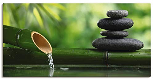 ARTLAND Wanddeko Leinwand Bilder Wandbild 60x30 cm Wellness Zen Stein Fotografie Grün Bambusbrunnen und Zen-Stein S5YF