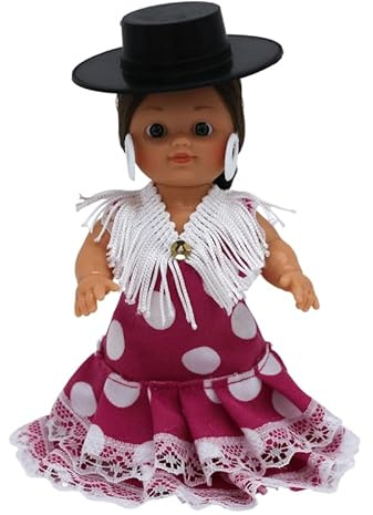 Folk Artesanía Puppensammlung limitierte Auflage 15 cm. typisches spanisches andalusisches Kleid mit Hut (rosa Kleid mit weißen Punkten)