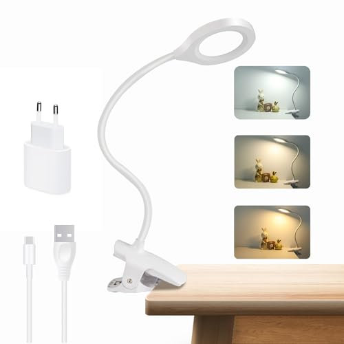 Akynite 36 LED Clip on Bed Lamp USB Rechargeable, Adapter Included, 3 Colours and 3 Brightness, Eye Caring Cordless Desk Light, Clip on Bedside Reading Light Dimmable, White