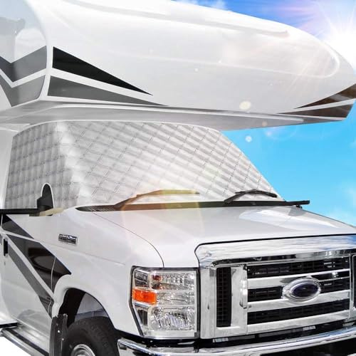 BougeRV Cubierta de Parasol para Parabrisas de RV para Ford Clase C 1997-2020, Autocaravana, Cubierta Impermeable para Parabrisas para Caravana, Cubierta de Ventana Delantera, 4 Capas con Recortes de