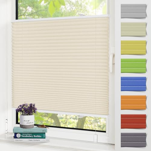 Zarnan Plissee Klemmfix Plisseerollo ohne Bohren Beige 70x200cm(BxH),Sonnenschutz Sichtschutz Rollos für Fenster & Tür,Faltrollo Fensterrollo mit Klemmfix-Halterungen