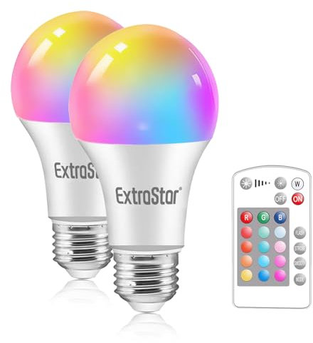 EXTRASTAR E27 Farbwechsel Lampe, Glühbirne Farbige Leuchtmittel, 9W Dimmbar RGB LED Lampe mit Fernbedienung Farbwechsel,16 Farben, 2 Stücke