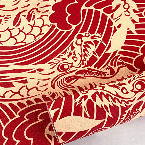 Prior.choice Rouleau de papier peint chinois traditionnel chinois rouge jaune dragon mer imperméable mat texturé en PVC pour chambre à coucher et salon 5,035 m²