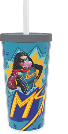 Zak Designs Marvel's Ms. Marvel Series Plastic Tumbler with Splash-Proof Lid and Straw for Easy Hydration, Durable Double-Wall Insulated Travel Cup Fits in Car Drink Holders (16oz)