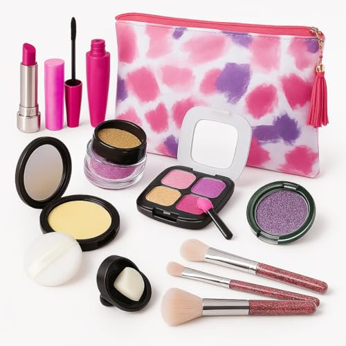 Koolbitz Make-up-Set für Mädchen, komplettes Kosmetik-Set, 14-teilig, waschbar, ungiftig, mit Kosmetiktasche, Nagellack, Rouge, Lippenstift, Lidschatten, perfektes Geschenk für Kreativität, Mädchen,