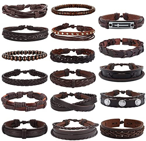 Milacolato Lederarmband Armbänder Set 17 Teiliges Armband für Männer Herren Gewebte Geflochtenes Lederarmband für Männer und Frauen Punk Herrenschmuck Braun Accessoires