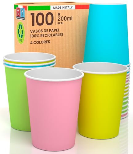 100 Verres en Papier 200ml, Biodégradables, Écologique et Jetables, Carton de Qualité, Boissons Froides, Chaudes, Café - 4 Couleurs