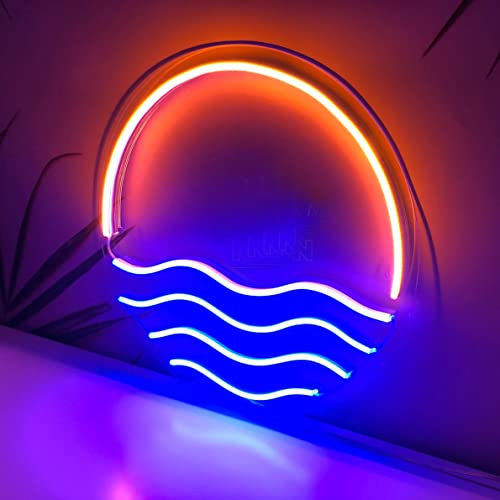 Sunset&Sea Blue LED Neon Signs Sunrise Neon Lights For Bedroom Decoration Cool Wall Decor For Living Room Boy's Room USB Powered(12 * 12)