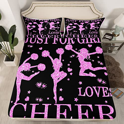 Cheering Girls Spannbettlaken 140 x 200 Cheer Sport BettwäSche-Set Für Cheerleader Geschenke Teenager MäDchen Gymnastik TäNzer Rosa Lila Glitzer Pailletten Spannbettuch Herz Sterne Muster Dekor 2 TLG