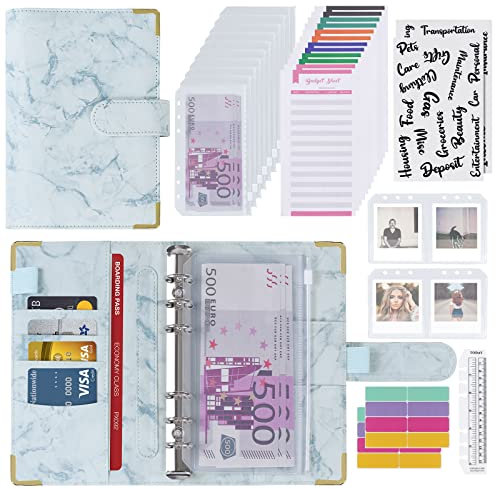 Classeur Budget A6, Classeur Enveloppe Budget Planner, PU Cuir Carnet avec Pochette Depenses, Organisateur pour Planifier vos Dépenses (Bleu)