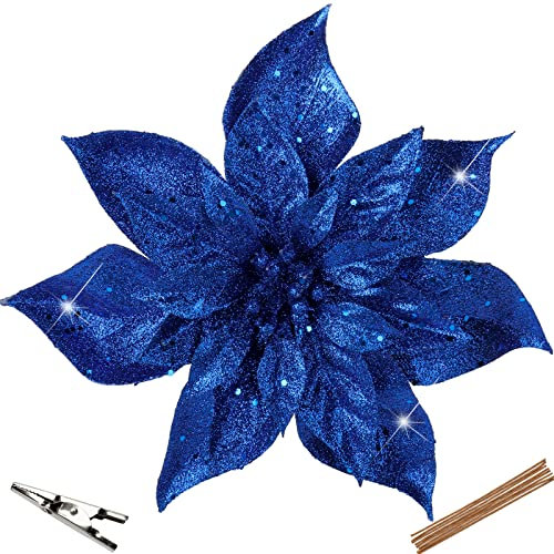 Oairse Set di 8 fiori di Natale con glitter artificiali, stelle di Natale con clip per decorazioni fai da te, fiori artificiali per feste, centrotavola, ornamenti di Capodanno, blu